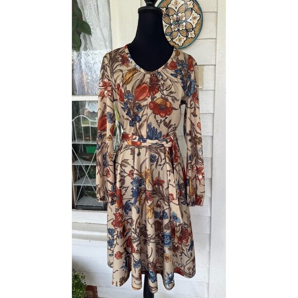Vintage 70's Sears MOD Big Floral Belted Dress Beige Blue Size 10 - Picture 8 of 12